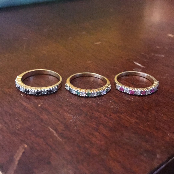 Goldtone Emerald Ruby Sapphire CZ Band Rings Set of 3 - Picture 2 of 12
